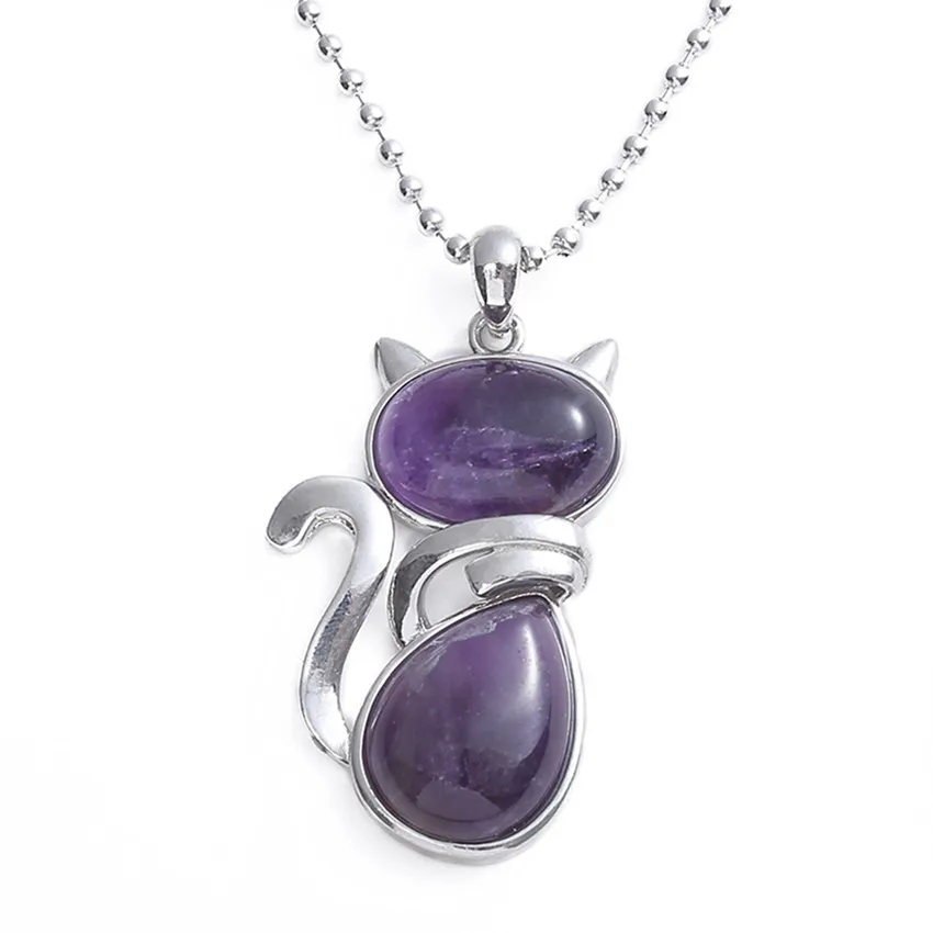 Purple Amethysts Stone Silver Plated Lovely Cat Shape Pendant Red Agates Necklace Animal Jewelry