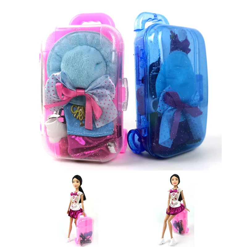 Plastic Travel Suitcase Luggage Case Mini Trunk Doll Accessories Bag Shoes  Hat Clothes for Barbie Doll Outfit Sets Kid Toy Girls