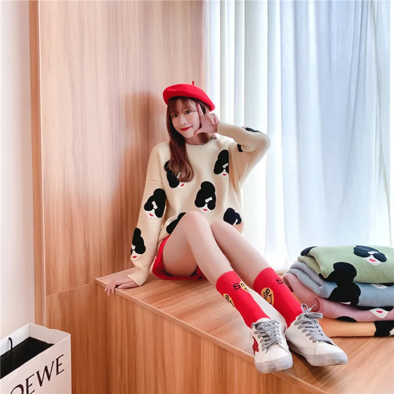 Plus Size Knitted Sweater women tops Cartoon Embroidery Thicken Pullovers women Jumper Sweater Ladies Knit Top women Sweater