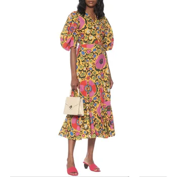 

Summer Holiday Bohemian Floral Printed Women Dress 2020 Vintage V-neck Puff Sleeve Pleated Long Dress