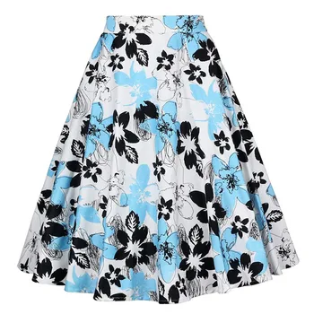 

Knee Length Vintage Plus Size Swing Skirt Retro Flowers Print Black Midi Skirts Womens High Waist Summer A Line Runway Skirt