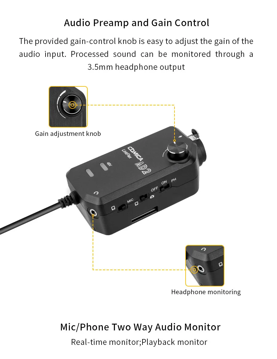 Комика LinkFlex AD2 предусилитель адаптер разъем XLR 6,35 мм-3,5 мм аудио с фантомным питанием для камеры гитары смартфон микрофон