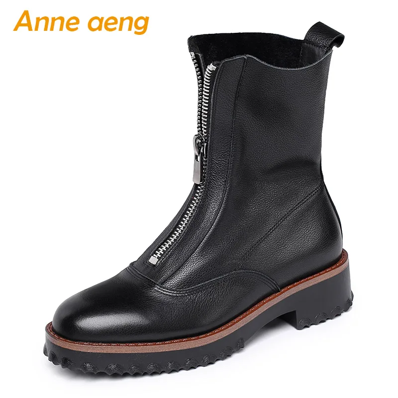 

2019 New Winter Genuine Leather Women Ankle Boots Middle Square Heel Zipper Casual Women Cow Leather Shoes Black Martins Boots