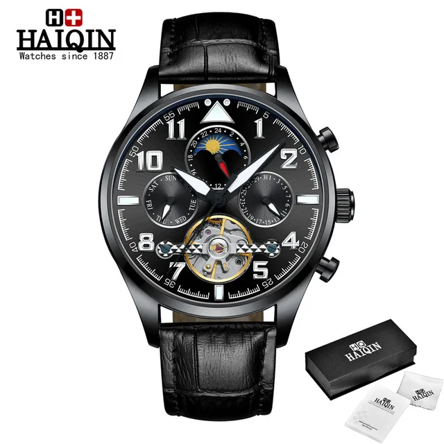 HAIQIN, фаза Луны/дисплей недели/Tourbillon, механические часы, мужские, повседневные, деловые, модные, из нержавеющей стали, мужские часы, Rloj Hombre - Цвет: All Black-L