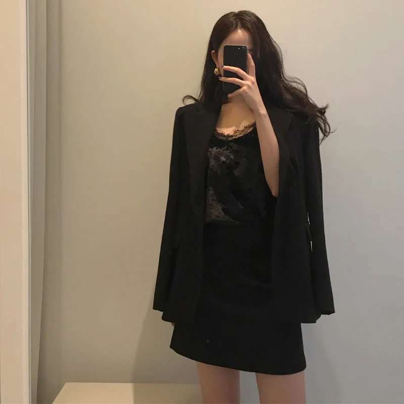 Black Coat Trytree Осень Зима Женский комплект из двух частей Повседневный отложной воротник однобортный Топ+ юбка мини офисный Женский костюм комплект из 2 предметов - Цвет: Black Coat