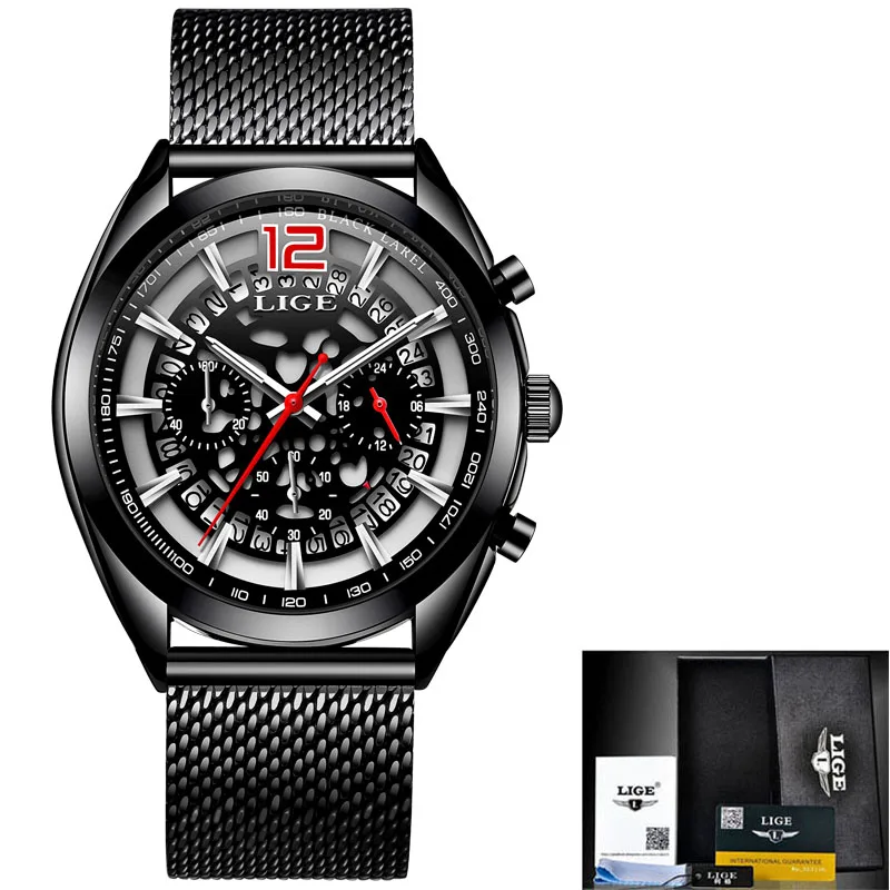 Black red M Мужские часы LIGE от ведущих брендов, роскошные мужские военные спортивные часы, мужские водонепроницаемые кварцевые часы с датой синхронизации, часы Relogio+ коробка - Цвет: Black red M