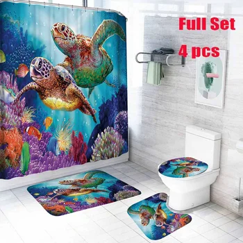 

4 In 1 Sea Turtle Ocean Fabric Bathroom Shower Curtain Set with Non Slip Toilet Pad Cover Rugs Bath Mat Home Decoration