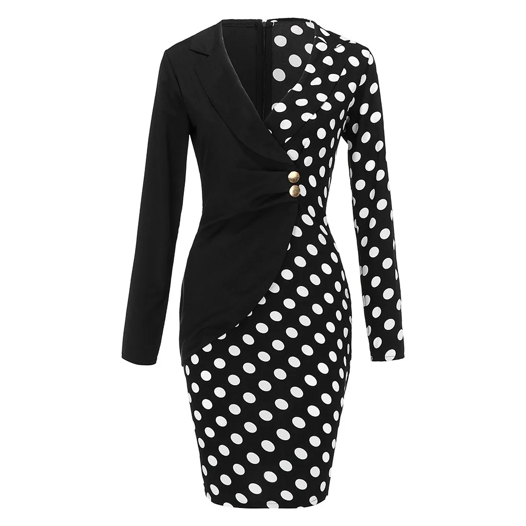 Модное женское платье Vestido с длинным рукавом и пуговицами, в горошек, в полоску, в стиле пэчворк, облегающий Блейзер, офисное женское мини-платье vestidos - Цвет: Black