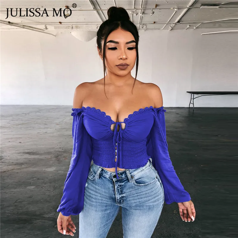 Синий JULISSA MO белые сексуальные футболки с открытыми плечами женские топы Осенняя футболка без бретелек на шнуровке модная футболка для вечеринки с длинным рукавом - Цвет: Синий