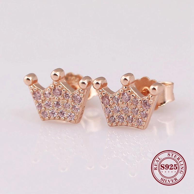 

Real 925 Sterling Silver Earring Rose Gold Pink Magic Crown Shining Earrings For Women Wedding Gift Fashion Jewelry