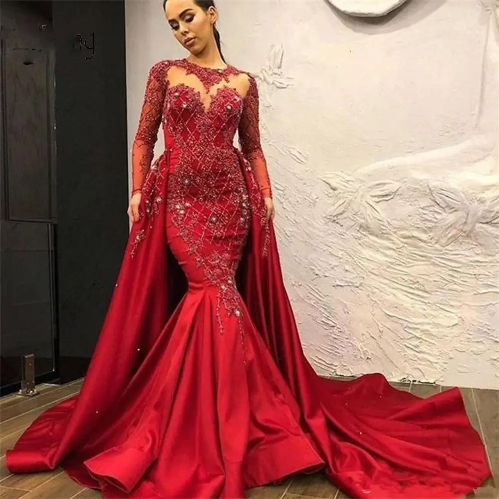 

2020 New Dubai Luxury Red Crystal Mermaid Evening Dresses With Detachable Train Modest Full Sleeve Long Beaded Lace Prom Gowns