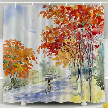 

Wide Shower Curtain, Décor Bathroom Curtain Watercolor Landscape Original Painting Red Color Peacock Flower Emotion in