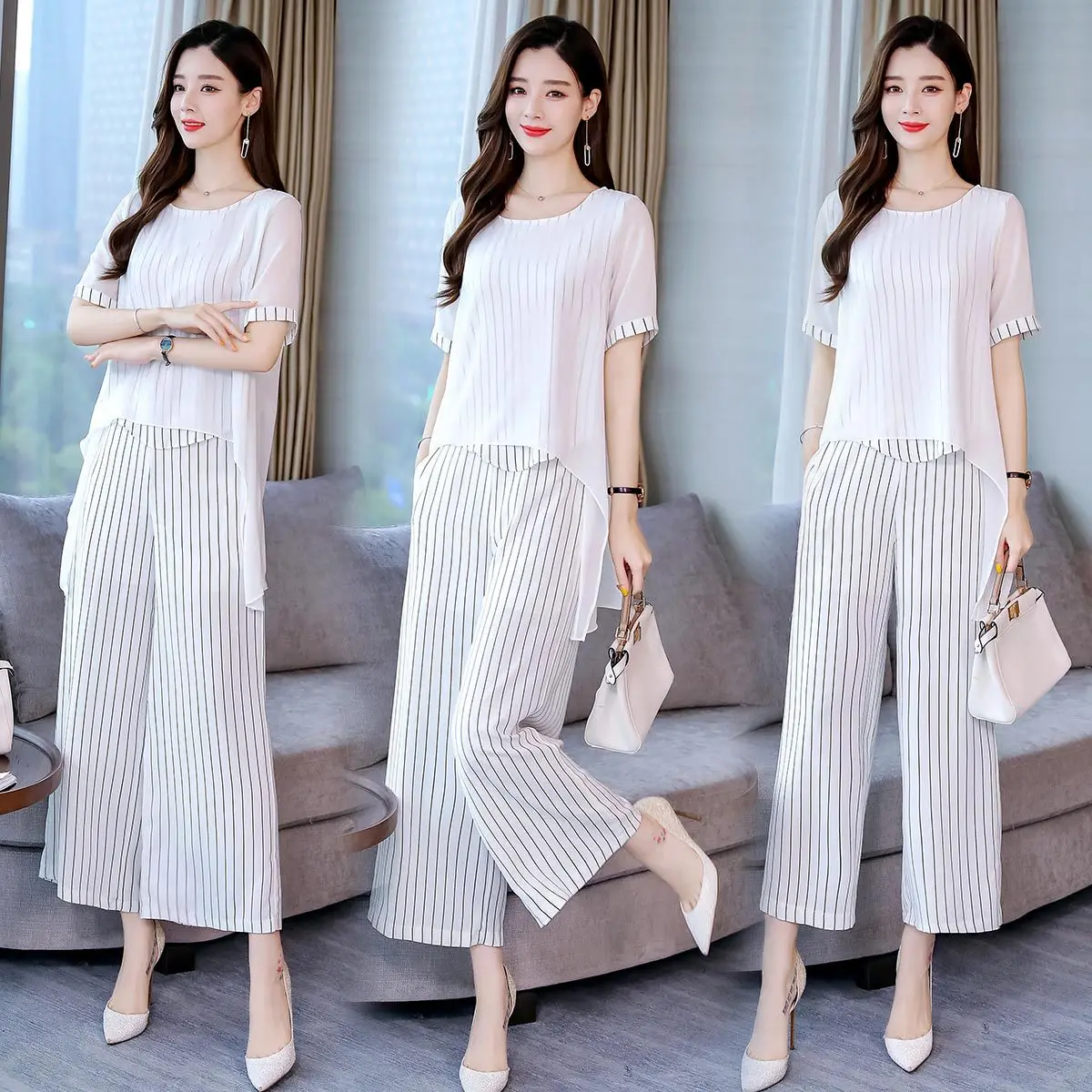 

Solid Color Fashion 2019 Summer Crew Neck Loose Waist Comfortable Stripes Simple Versatile Cool Short Sleeve Set