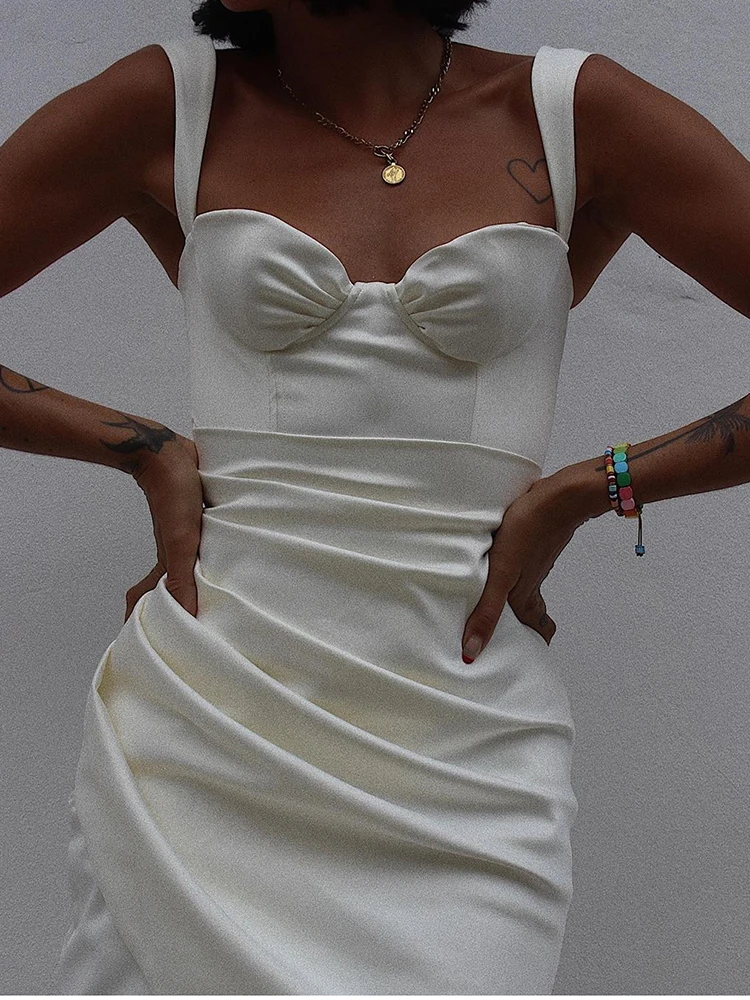 NewAsia White Party Dress Women Summer Sleeveless Underwire Sweetheart Neckline Sexy Dress Side Split Ruched Midi Vestidos