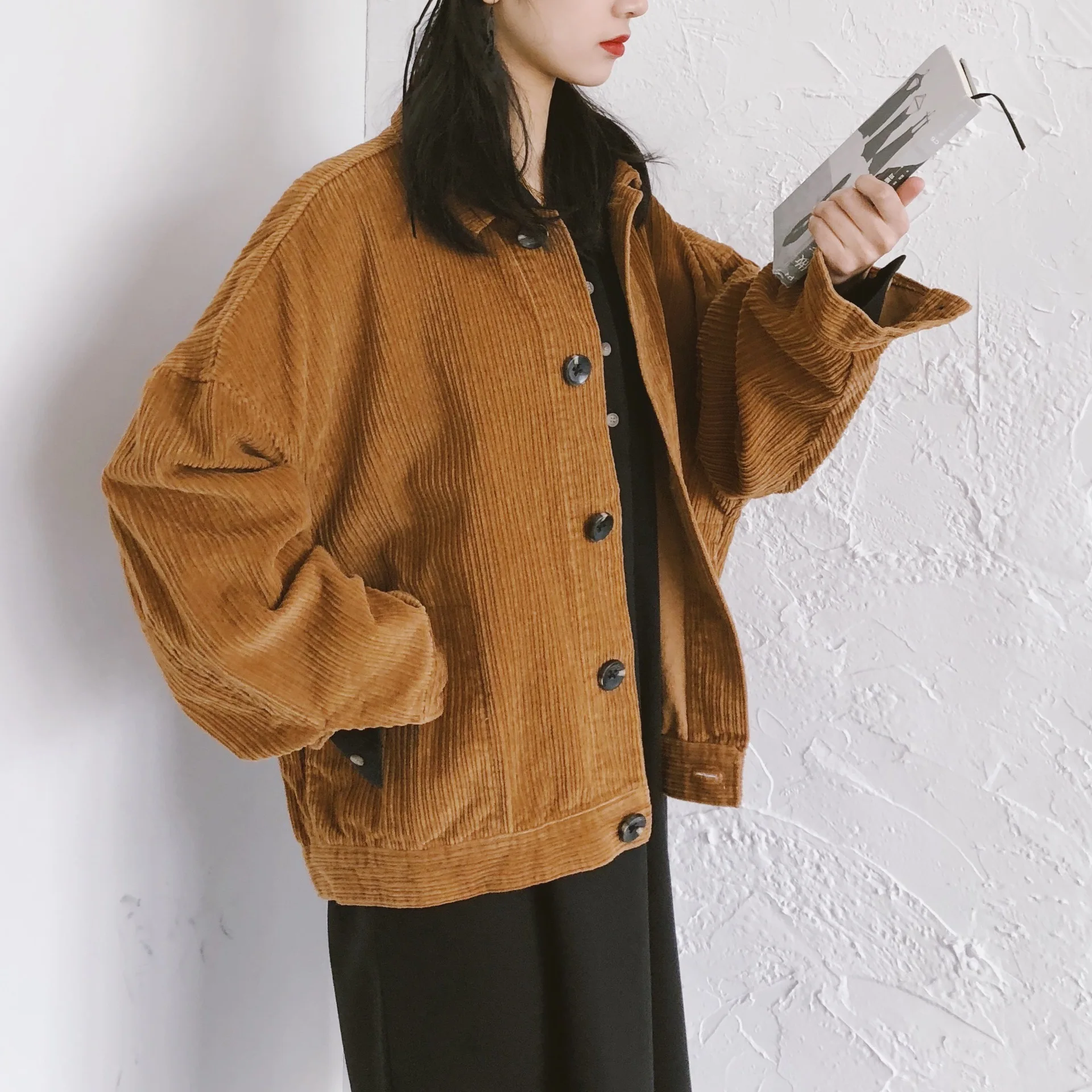 

Gorgeous White Elegant Pumpkin Color Retro Early Spring New Style Corduroy Long Sleeve Short Coat Jacket Women's