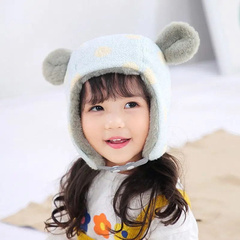 light blue Зимняя шапочка для малыша с героями мультфильма, бархатная детская шапочка с большими ушками для девочек и мальчиков, шапки в горошек с теплой флисовой подкладкой, модные бейсболки для детей - Цвет: light blue