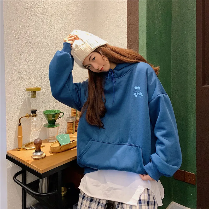 Cartton Print Hoodies Sweatshirts Women Hooded Letter Pullover Loose Velvet Autumn Winter Oversized Outwear Big Pocket Warm W170