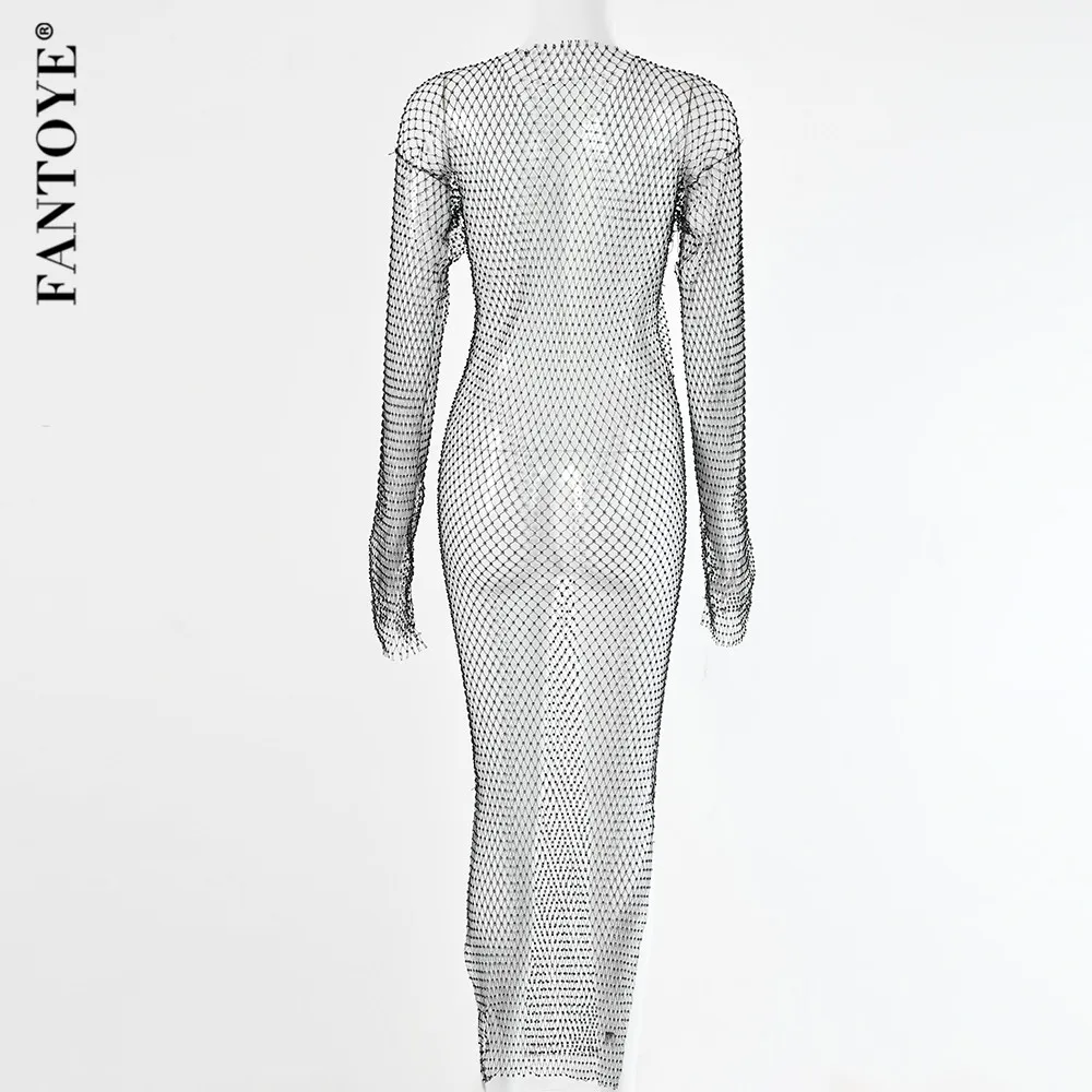 FANTOYE New Diamond Shiny Party Dress Women Split Long Sleeve Maxi Bodycon Dress Sexy See-Through Fishnet Club Dress Vestidos