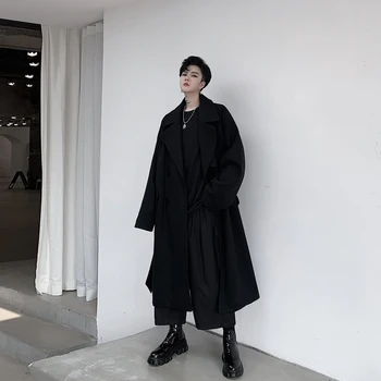 

Men Vintage Streetwear Autumn Winter Loose Long Double-breasted Woolen Jacket Windbreaker Male Belt Wool Trench Coat Overcoat