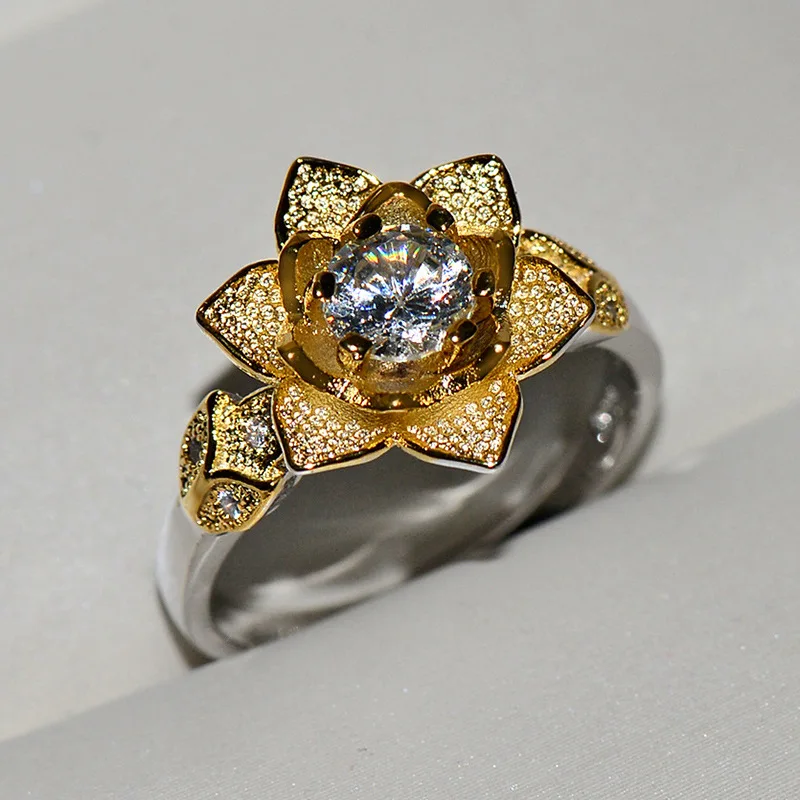 

2019 New Gold Silver Flower Ring with Big Bling Zircon Stone for Women Fashion Jewelry Wedding Engagement Ring