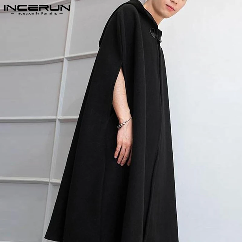 New Men's Fashion Korean Style Single-breasted Cloak Coat Solid Color Autumn Winter Cape Hooded Poncho Coat S-5XL INCERUN 2021