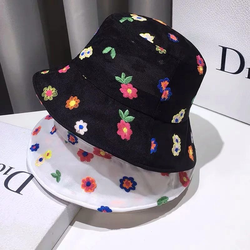 organza embroidered flowers Summer women Bucket Hat Solid Color Wide Brim Beach UV Protection Round Top Sunscreen sun hat Cap |