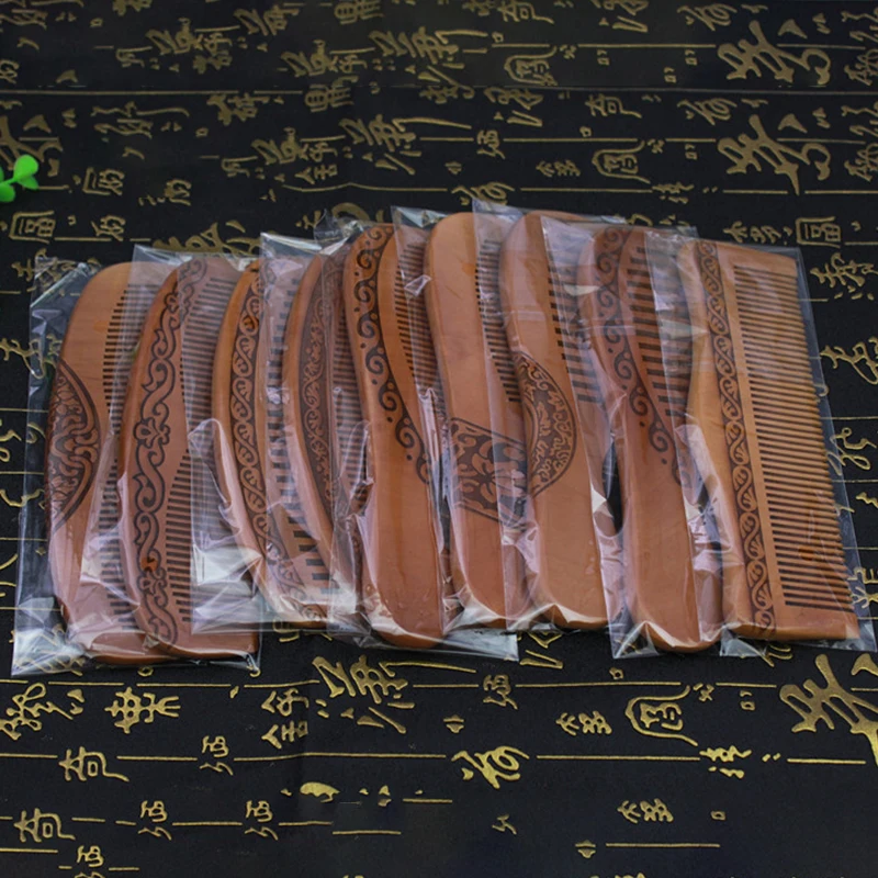 Natural Peach Solid Wood Comb Engraved Peach Wood Massage Comb Hair Care Tool Crafts Valentines Day Present Photo Props