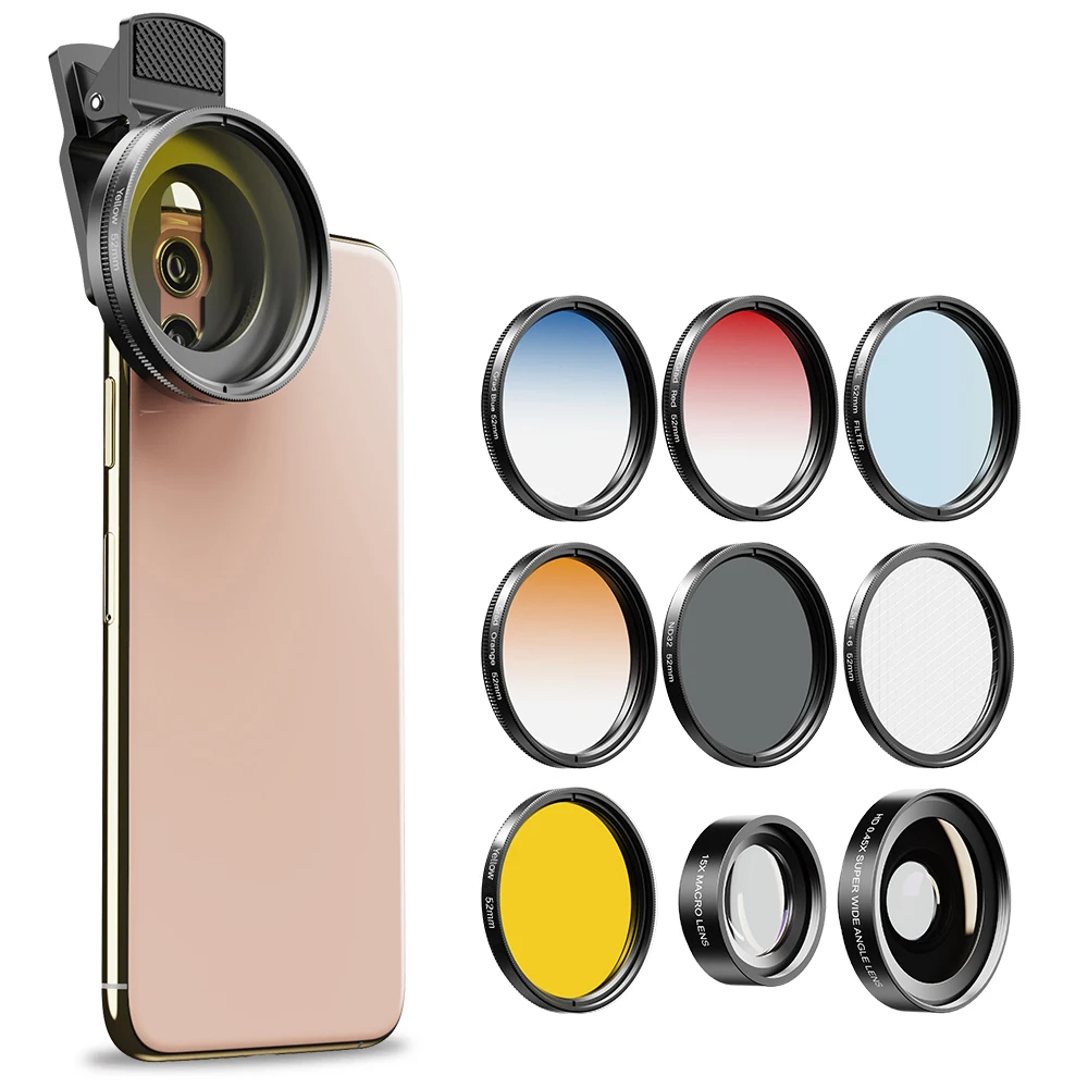 

APEXEL 0.45x Super Wide Angle Lens 52mm UV Grad Blue Red Color Filters+CPL ND+Star Filters for iPhone Huawei all phones
