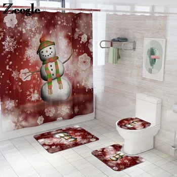

Snowman Printing Bath Mat Bathroom Shower Curtain Carpet Set Anti Slip Microfiber Toilet Foot with Shower Curtain Suit