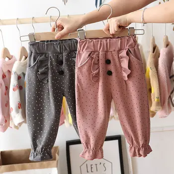 

kids baby girls solid ruched cotton button dot pants cotton autumn spring casual clothing toddler children harem pants 2-8Y
