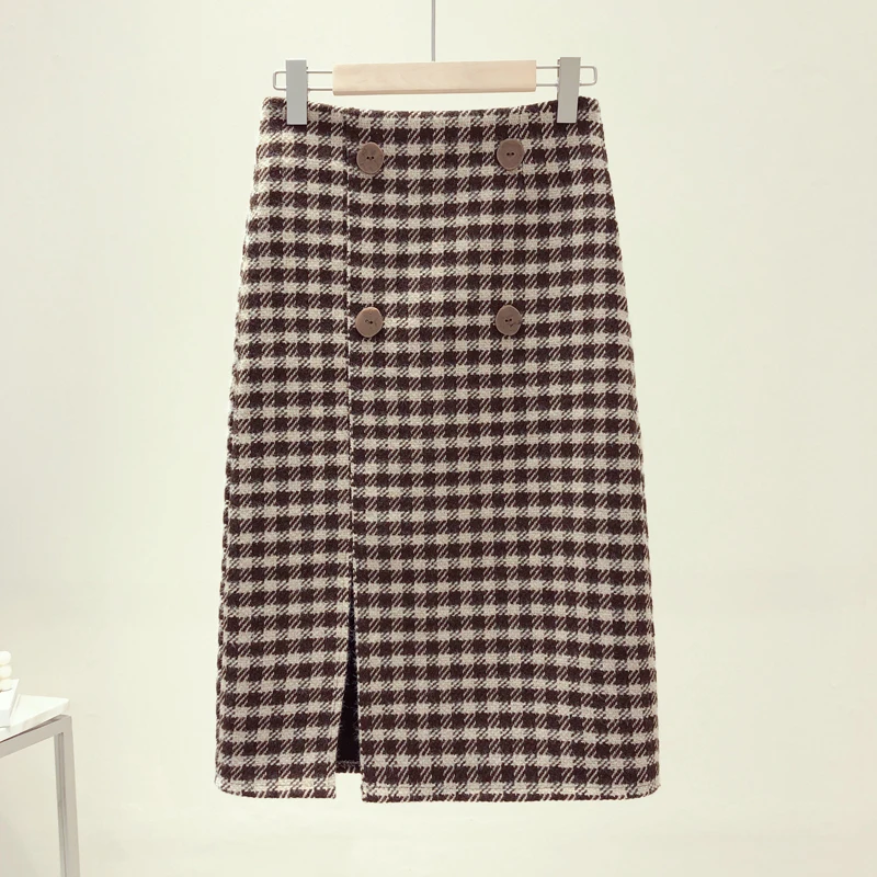 coffee skirt MUMUZI, топ, Женская шерстяная юбка, модная, Классическая, в клетку, юбки, сексуальные, тонкие, теплые, с разрезом, длинные, облегающие бедра юбки, faldas saias - Цвет: coffee skirt
