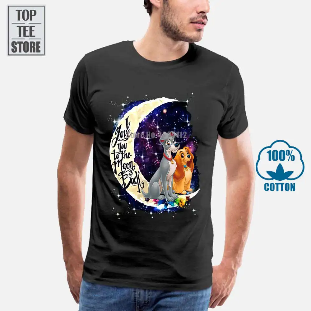 Футболка с надписью Lady & The Tramp I Love You To Moon Back черная Хлопковая мужская футболка