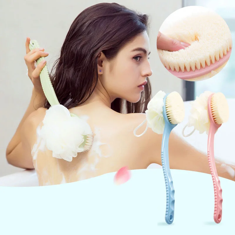 

T 2 In 1 Long Handle Bath Brushes Soft Body Wash Bathing Flower Cleaning Bath Ball Plastic 36cm Shower Brush
