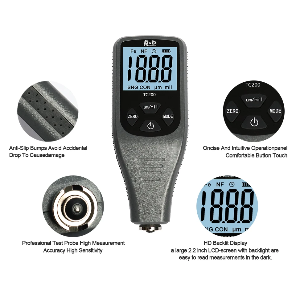 R&D TC200 Grey Car Paint Coating Thickness Gauge 0.1um/0-1500 Car Paint Film Thickness Tester Measuring FE/NFE & Russian Manual paint coating meter paint thickness gauge thickness gauge