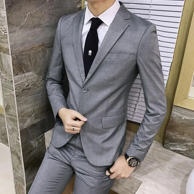 light gray Комплект из 2 предметов, мужские повседневные деловые костюмы, модный мужской Британский приталенный красивый деловой Свадебный блейзер+ брюки для мужчин - Цвет: light gray
