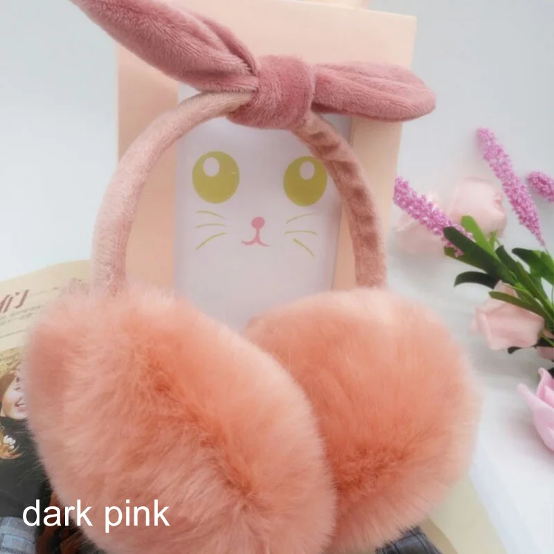 dark pink Милые женские наушники ярких цветов с милыми заячьими ушками, мягкая плюшевая Зимняя повязка с бантом, теплые наушники-вкладыши, защита для ушей, наушники для девочек - Цвет: dark pink