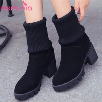 

MEMUNIA 2020 hot sale Knitted stretch boots women square high heel platform shoes solid colors fashion knee high boots woman