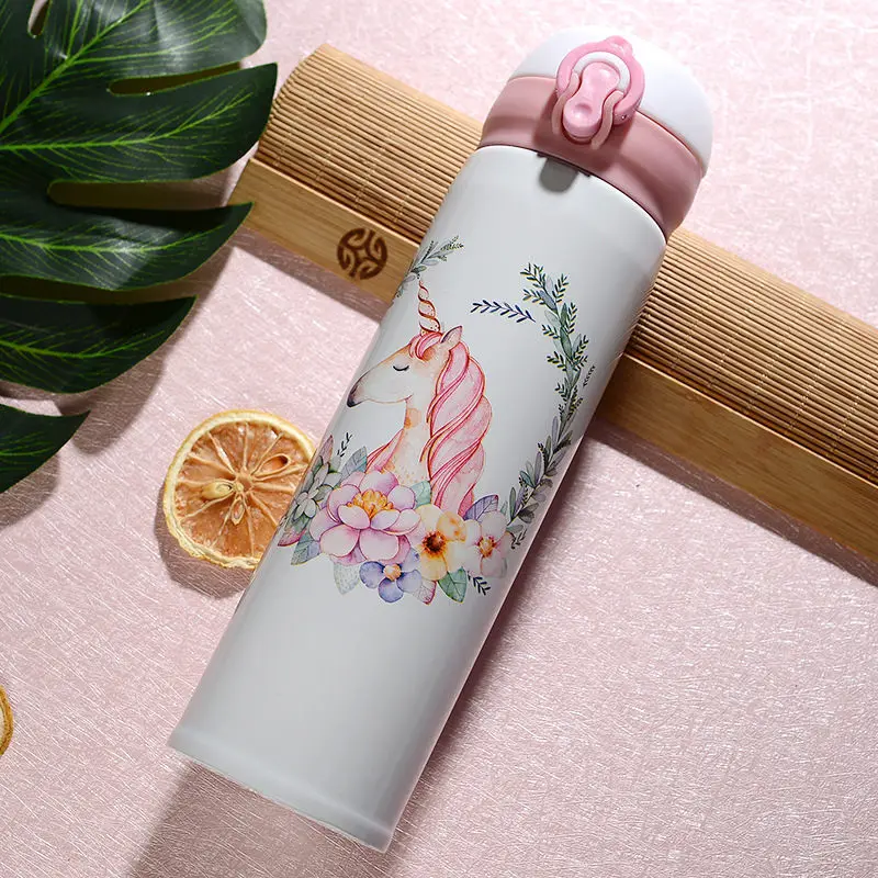 cheap Vacuum Thermal Pattern Stainless Cover 350ML Thermocup Flamingo Travel Mug 500ML Cup Steel flask Thermos Bouncing Bottle
