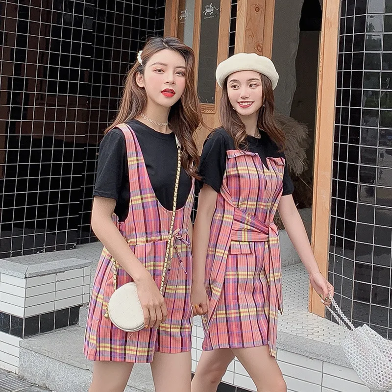 

Photo Shoot ~ Contrast Color Pattern Sisters Outfit Splicing Dress Fake Two-Piece WOMEN'S T-shirt Drawstring Wide-Leg Suspender