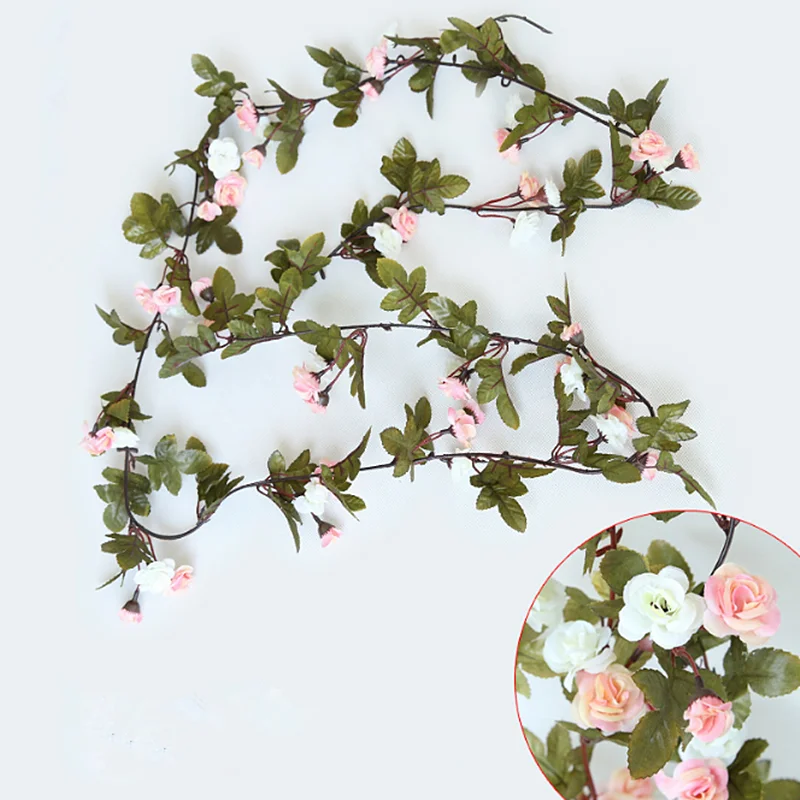 230cm/91in Silk Rose Ivy Vine Artificial Flowers Arch Decor with Green Leaves Hanging Wall Garland Wedding Party Home Decoration - Цвет: champagne