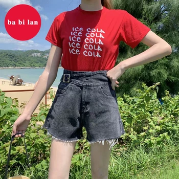 

2020 new summer large size denim shorts female straight loose high waist jeans