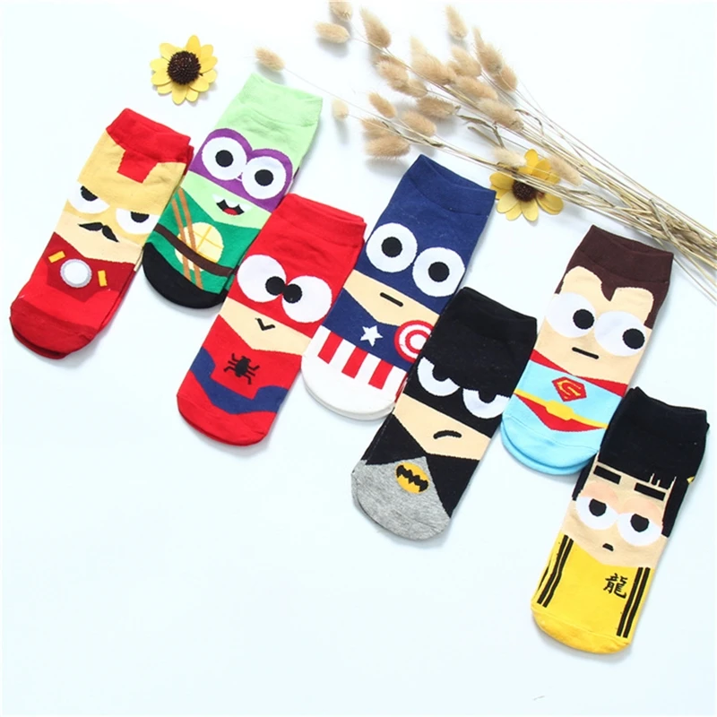 2020 New 35-42 Summer Men Harajuku Socks Hip Hop Ninja Batman Superman SpiderMan Captain America Avengers Short Novelty Sokken