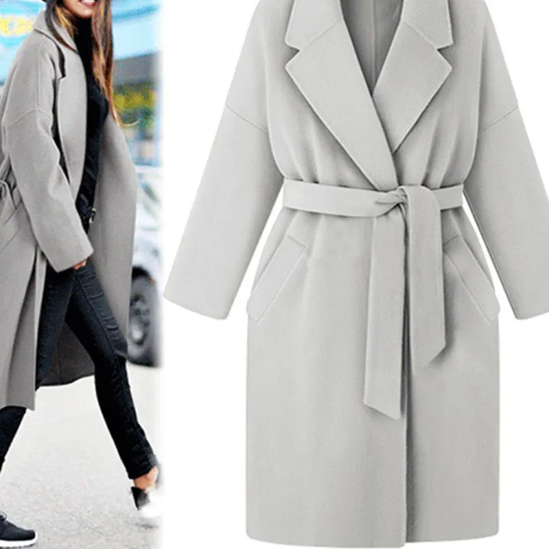 

Women Winter Loose Overcoat With Belt Wool Coat Female Clothes Warm Plus Size Jacket Outwear Trench