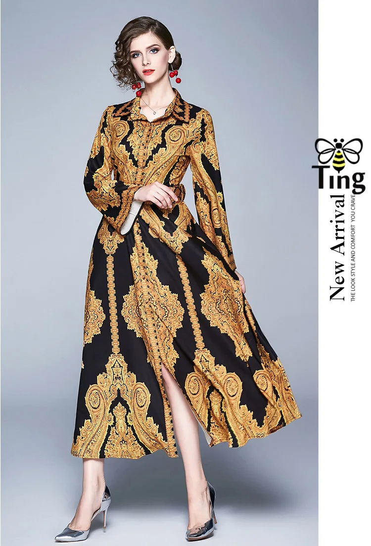 Tanie Tingfly wiosna nowy Vintage projektant kwiatowy Print Maxi Casual sukienka pani sukienka do pracy biurowej z paskiem otwórz pojedyncze piersi Plus 2X