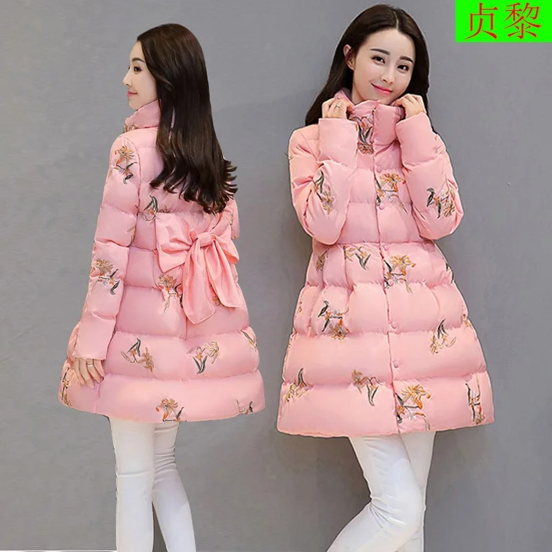 

Bow Floral Thin down Jacket Cotton-padded Clothes Coat Student 2018 New Style Winter Warm Cotton-padded Clothes INS Cotton-padde