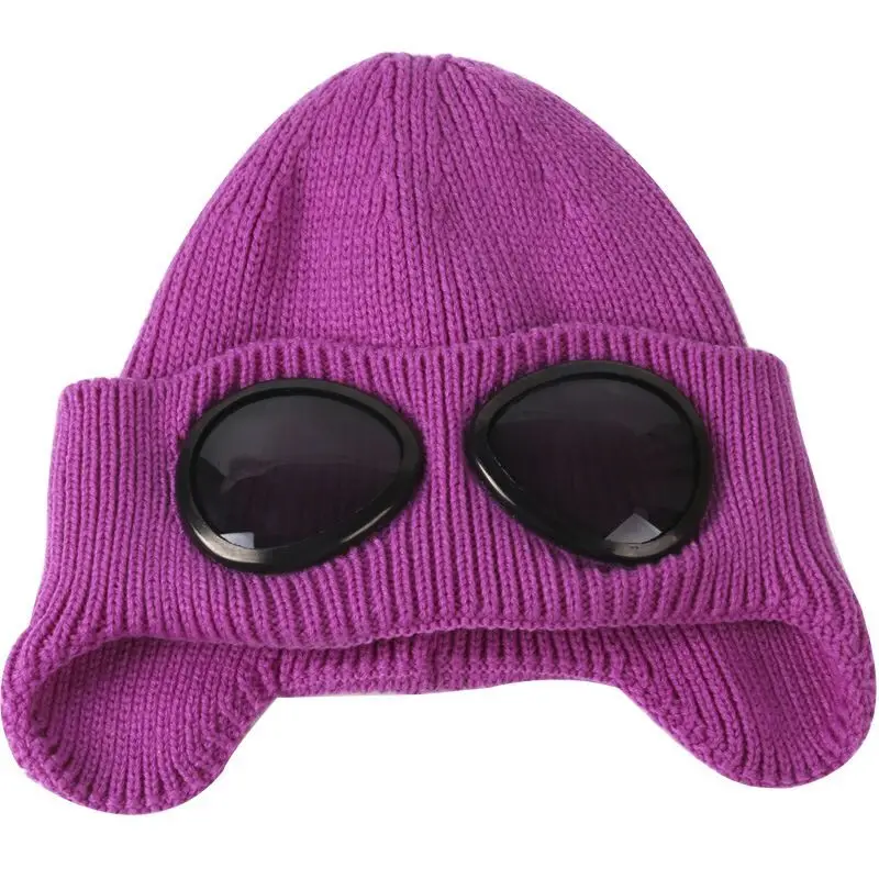 Женская шапка s ветрозащитные очки шляпа шерсть зимняя мода Gorros шапка фиксация штабелирование вязаные шапки Женская индивидуальная Лыжная шапка - Цвет: Фиолетовый