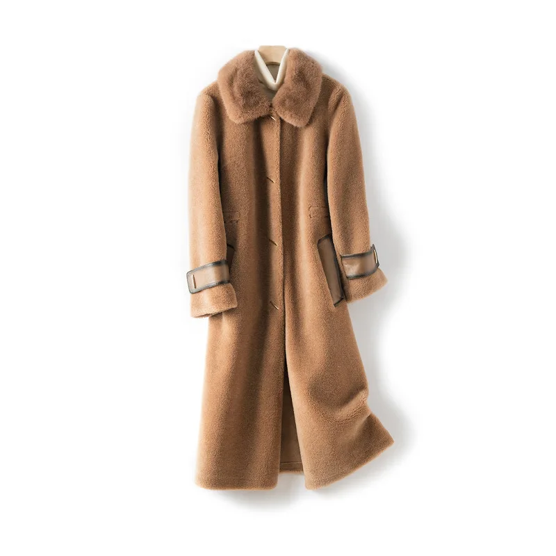Camel Женское зимнее пальто, новинка, классическое шерстяное пальто, норка, меховой воротник, шерсть, Овечья овчина, корейское пальто, длинное пальто для женщин, большие размеры, мода - Цвет: Camel