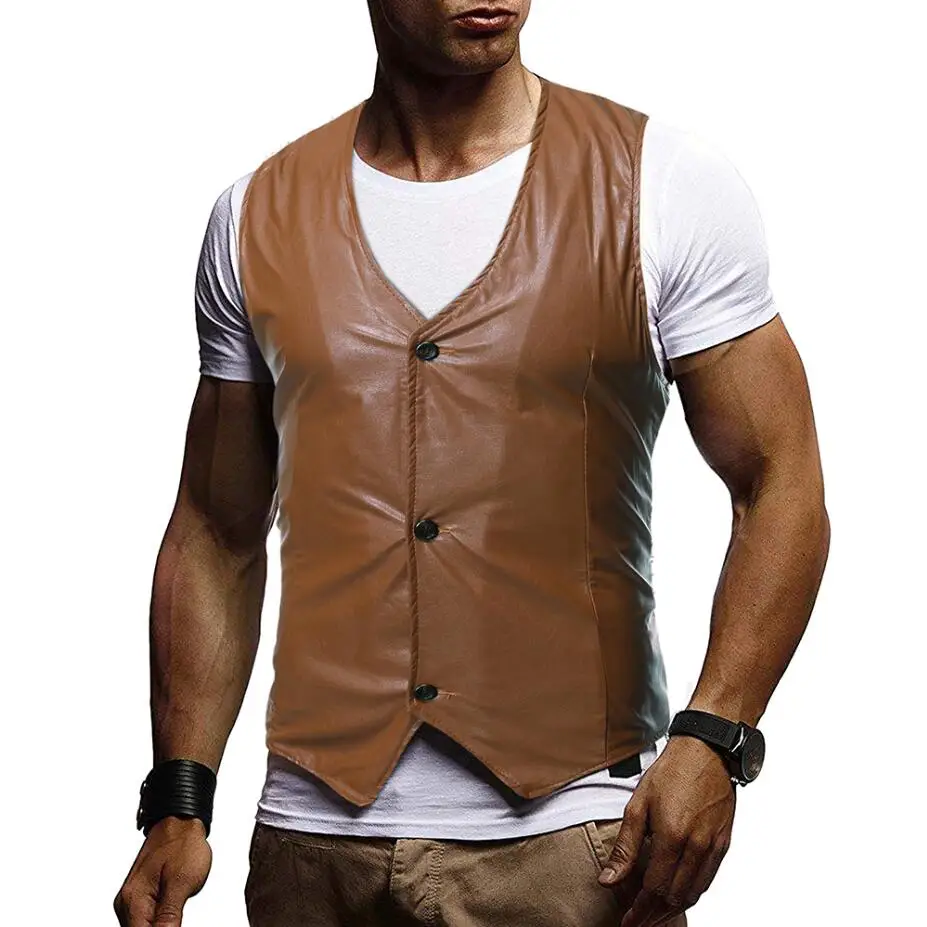 Brown Vest Men Брендовая кожаная мужская жилетка мода сплошной цвет без рукавов облегающий жилет мужской однобортный жилет - Цвет: Brown Vest Men