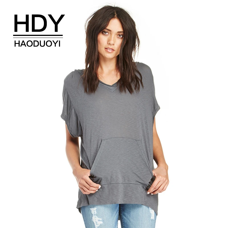 HDY Haoduoyi Women Fashion Short Sleeve Hooded V-neck Loose Solid Super Comfy Casual Kangaroo Pocket Formal Spring Sweatshirt | Женская
