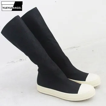 

Gothic Mens Mid Calf Boots Canvas Thick Platform Slip On Unisex High Top Shoes Plus Size Male Round Toe Harajuku Bikers Boots